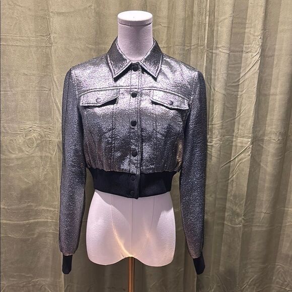 Cinq a Sept Metallic Silver Women's  cropped bomber jacket, XS - Picture 1 of 11